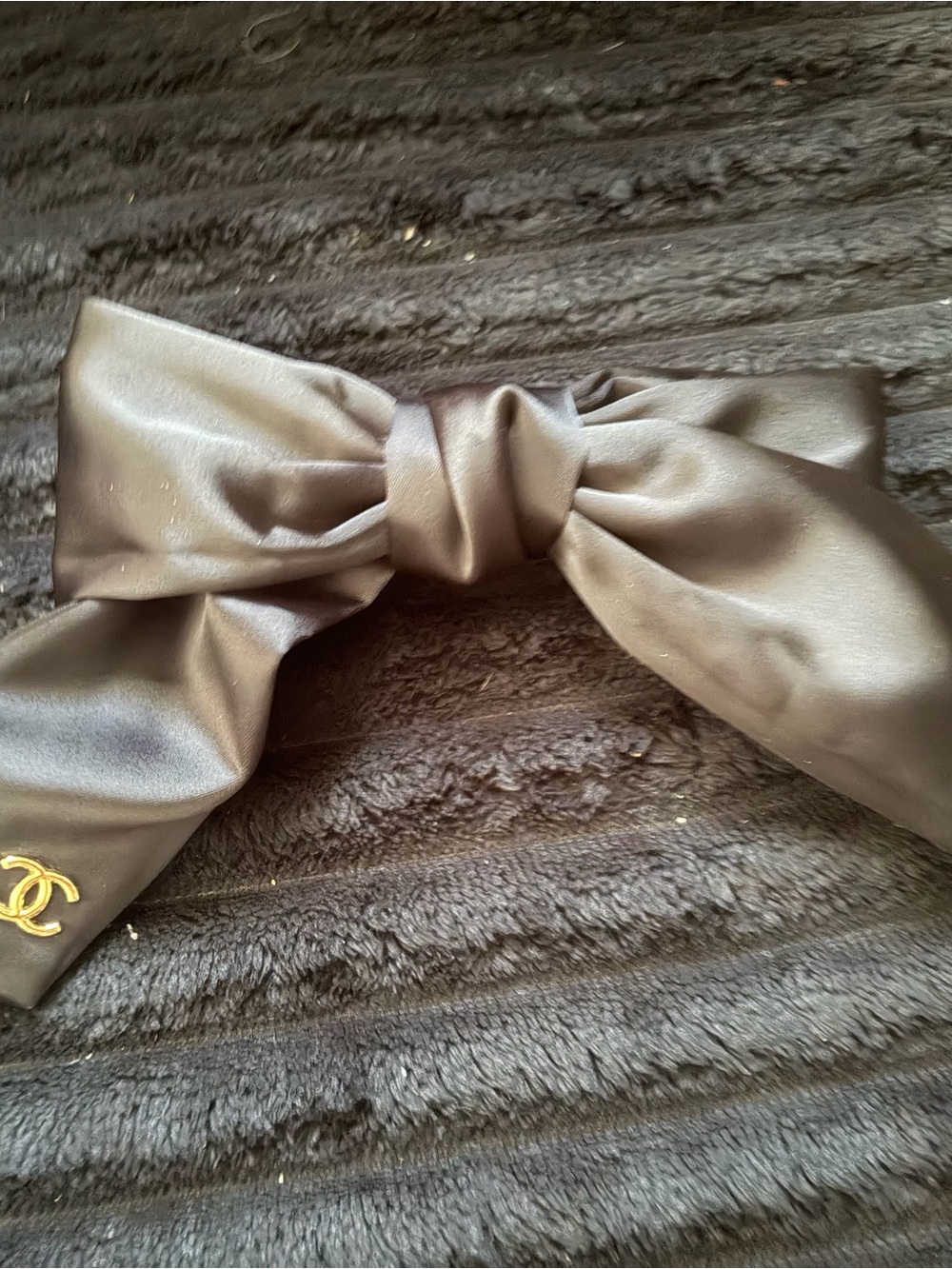 Chanel black Satin Bow Hair Accessory with Gold Logo Detail
